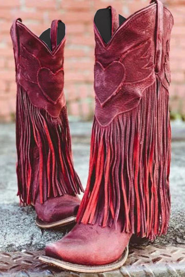 Dark Red Fringed Ankle Boots